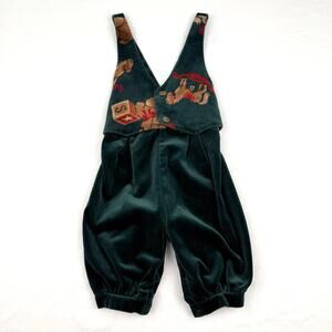 Vintage Baby Overalls Green Corduroy Festive Holiday Print Made in USA 24M